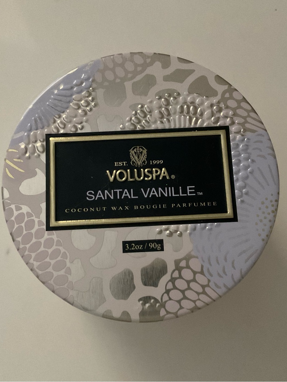 Voluspa Santal Vanille Tin Candle — Black and Gold Label